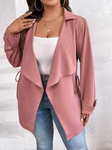 SHEIN LUNE Plus Waterfall Collar Drawstring Waist Coat - Pink - View 3