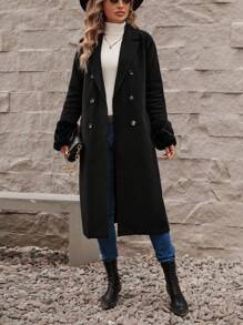 SHEIN LUNE Fuzzy Cuff Double Breasted Overcoat - Black - View 5