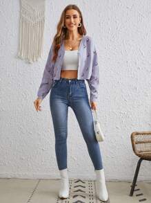 SHEIN VCAY Floral Pattern Drop Shoulder Cardigan - Mauve Purple - View 3