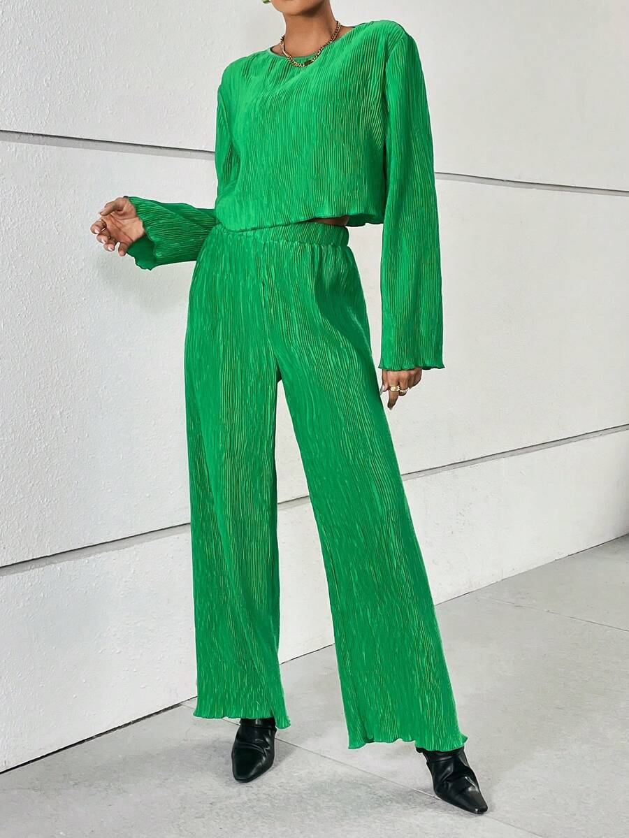 SHEIN Essnce Solid Drop Shoulder Tee & Wide Leg Pants - Green - View 1