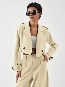 SHEIN BIZwear Lapel Neck Raglan Sleeve Buckle Belted Crop Trench Coat - Beige - View 3