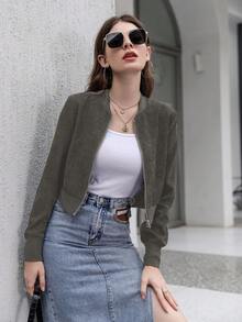 Mulvari 純色拉鍊短款飛行員夾克 - 軍綠色 - 查看 6