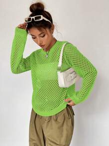 SHEIN Unity 百搭休闲纯色镂空透视圆领长袖毛衣 - 綠色 - 查看 6