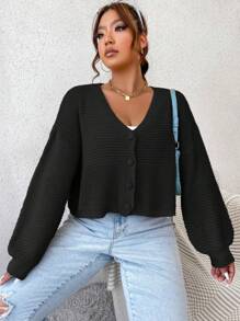 SHEIN Qutie 大碼落肩袖條紋針織開襟衫 - 黑色 - 查看 6