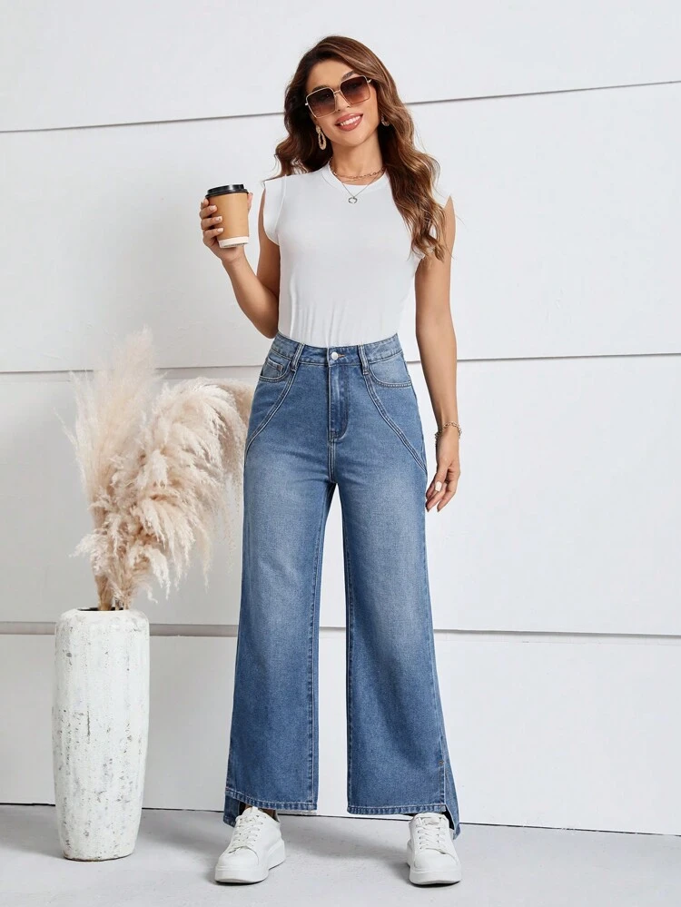 Asymmetrical Hem Wide Leg Jeans