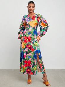 BELANGE HANDMADE Floral Print Flare Sleeve Split Thigh Dress