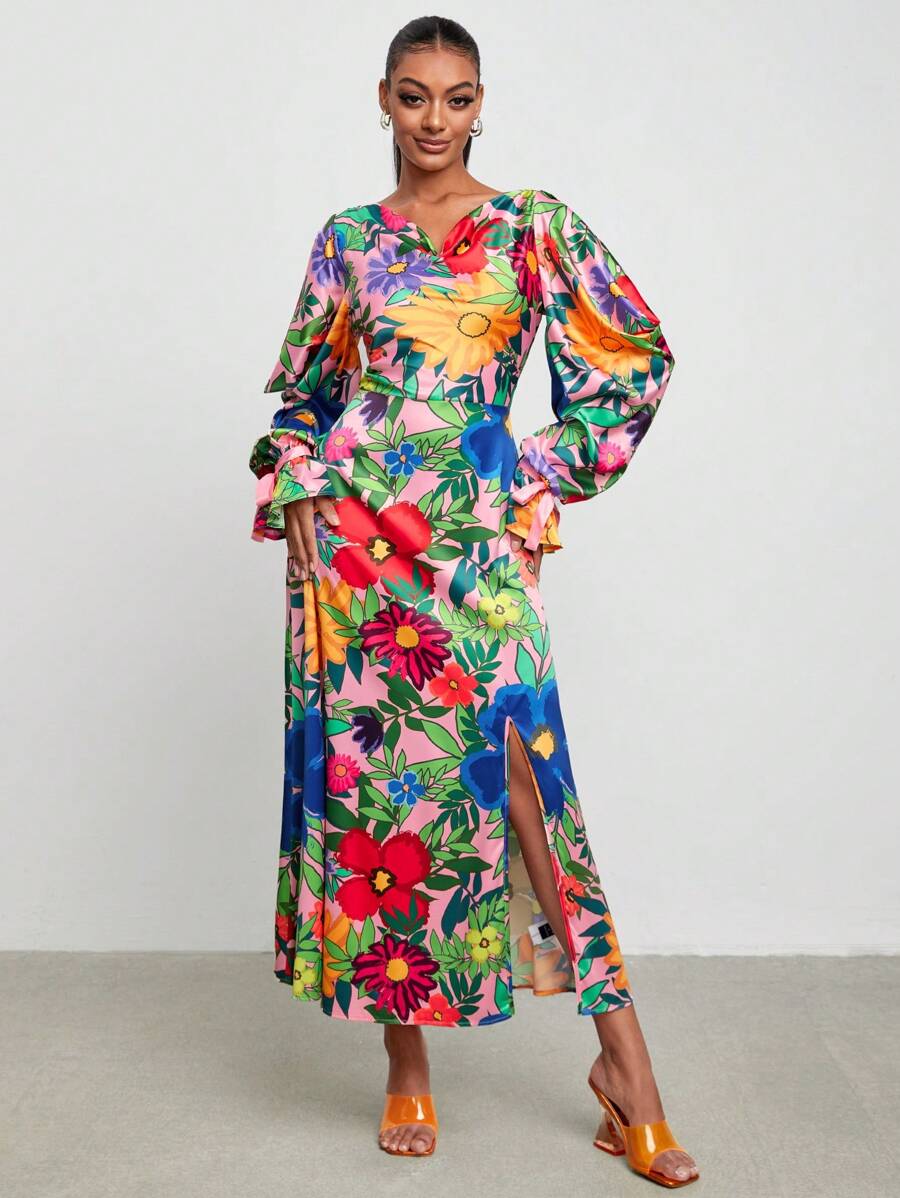 BELANGE HANDMADE Floral Print Flare Sleeve Split Thigh Dress