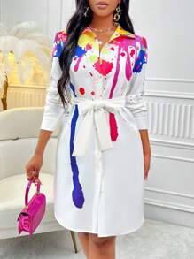 SHEIN Slayr 潑墨印花束帶襯衫洋裝