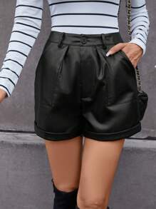 SHEIN Frenchy Slant Pocket Roll Up Hem PU Leather Shorts Summer Black - Black - View 1