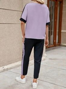 SHEIN LUNE Contrast Side Seam Batwing Sleeve Tee & Pants - Mauve Purple - View 2