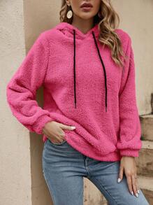 SHEIN LUNE 素色抽繩毛絨帽衫 - 玫紅色 - 查看 7