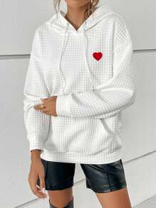 SHEIN Essnce Heart Embroidery Kangaroo Pocket Drop Shoulder Drawstring Hoodie - White - View 1