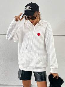 SHEIN Essnce Heart Embroidery Kangaroo Pocket Drop Shoulder Drawstring Hoodie - White - View 5