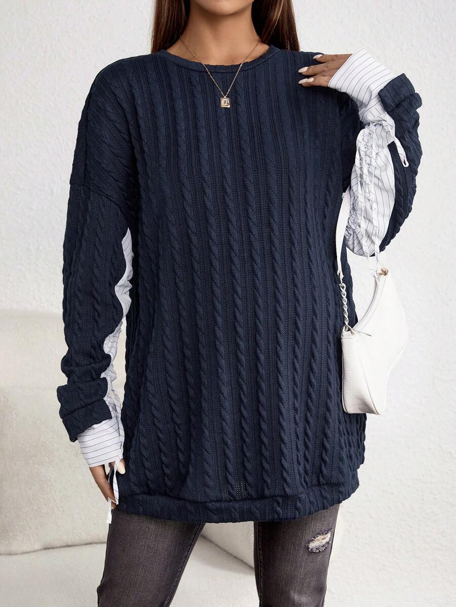 SHEIN Maternity Lace Up Side Drop Shoulder Sweatshirt, For Winter - Navy Blue - View 1