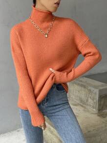 SHEIN Essnce High Neck Drop Shoulder Jumper - Orange - View 6