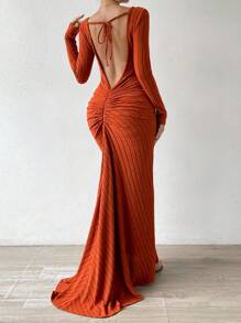 Allurite Tie Backless Ruched Maxi Dress - Rust Brown - View 7