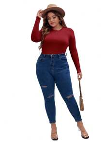 SHEIN BAE Hơn Chất rắn Slim Fit Tee Bodysuit - Màu Đỏ Sâu - Xem 4