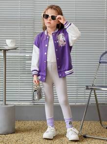 SHEIN 女孩獨角獸印花落肩袖雙色條紋飾邊學院風夾克 - 彩色 - 查看 4