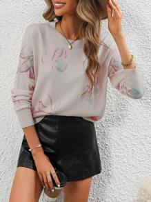 SHEIN LUNE 花卉圖案落肩毛衣 - 粉色 - 查看 1