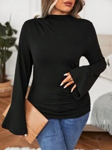 Celure Plus Mock Neck Trumpet Sleeve Ruched Tee - Black - View 4