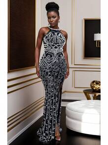 Split Thigh Pearls Beaded Detail Dress - Black - View 1