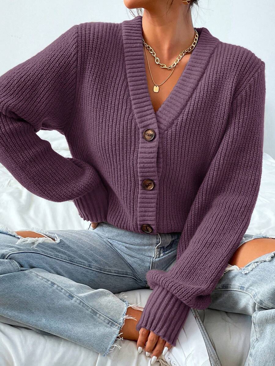 Modelyn Áo Cardigan cài nút phía trước, Áo dài tay - Màu tím - Xem 1