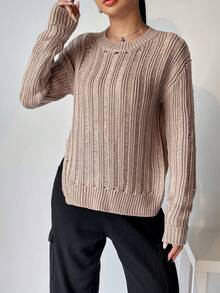 SHEIN Unity 纯色破洞开衩下摆针织套头衫，适合秋冬季穿着 - 棕色 - 查看 4