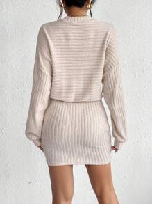 SHEIN Frenchy Mock Neck Drop Shoulder Ribbed Knit Bodycon Dress - Apricot - View 2