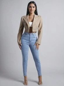 SHEIN PETITE Lapel Neck Crop Blazer In Fall/Winter - Khaki - View 4