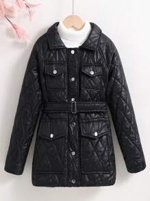 SHEIN 女大童翻蓋口袋腰帶絎縫外套無毛衣