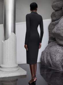 Maija Ruched Front Split Thigh Bodycon Dress - Black - View 3