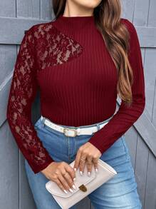SHEIN Privé Plus Contrast Lace Mock Neck Tee - Burgundy - View 1
