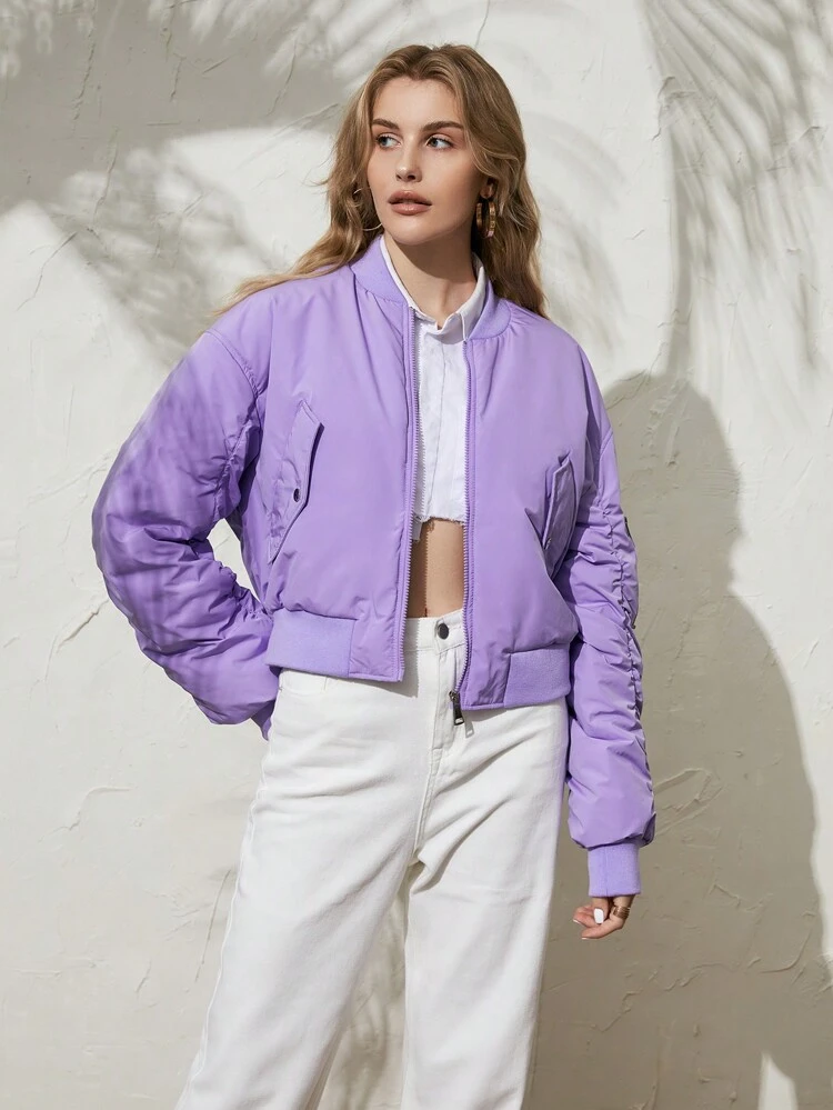 Zip Up Ruched Sleeve Padded Coat