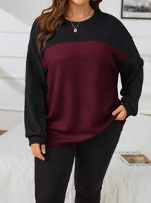 SHEIN Essnce Plus Two Tone Drop Shoulder Tee - Burgundy - View 4