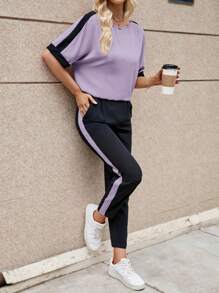 SHEIN LUNE Contrast Side Seam Batwing Sleeve Tee & Pants - Mauve Purple - View 1