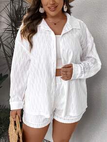 SHEIN VCAY Plus Drop Shoulder Shirt & Shorts - White - View 3