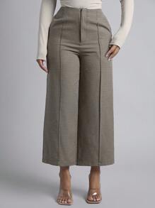 SHEIN PETITE Plaid Print Wide Leg Pants - Khaki - View 4