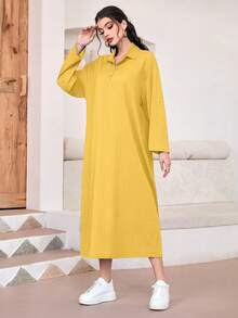 Mulvari Solid Roll Up Sleeve Shirt Dress - Yellow - View 4