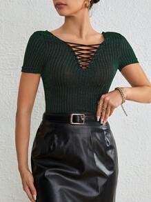 SHEIN Privé Criss Cross Front Ribbed Knit Tee