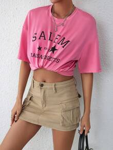 SHEIN EZwear 字母圖案落肩T恤 - 粉色 - 查看 4