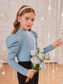 SHEIN Tween Girl Mock Neck Gigot Sleeve Tee - Blue - View 4