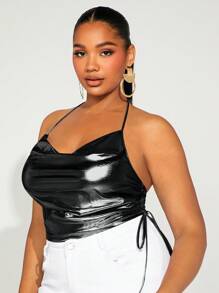 SHEIN SXY Plus Draped Collar Drawstring Side Tie Backless PU Leather Halter Top - Black - View 4