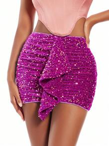 SHEIN BAE 聖誕垂褶正面亮片緊身半身裙 - 紫色 - 查看 6