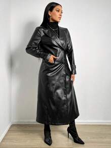 SHEIN x Carly Lawrence BamGleam 西裝領亮面風衣外套 - 黑色 - 查看 6