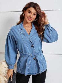 SHEIN LUNE Lantern Sleeve Belted Denim Jacket - Medium Wash - View 5