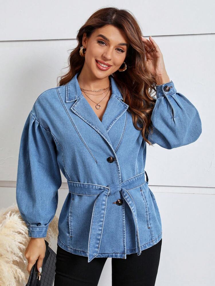 Lantern Sleeve Belted Denim Jacket