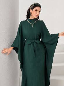 Al Najma Mock Neck Batwing Sleeve Belted Kaftan, Modest - Army Green - View 4
