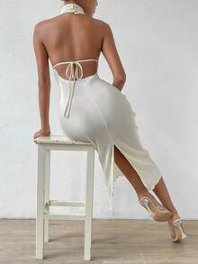 SHEIN Privé 素色後背繫帶下擺開叉條紋針織掛脖洋裝 - 杏色 - 查看 4