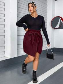 Calvaya Plus Túi Giấy Thắt Lưng Váy Nhung Viền Bất Đối Xứng - Rỉ Nâu - Xem 3