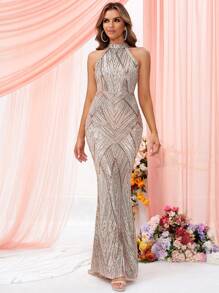 LOVE&LEMONADE Halter Neck Mermaid Hem Sequin Prom Dress Elegant Formal Evening Wedding Guest Gown, For Graduation, Dinner Party Dress - Gold - View 1